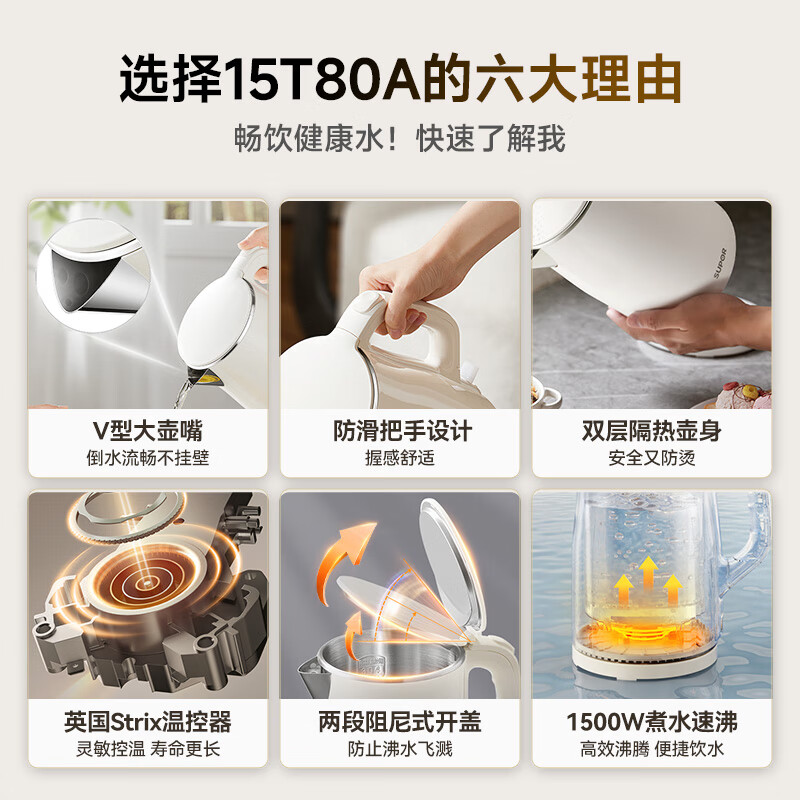 SUPOR electric kettle 304 stainless steel 1.5L small capacity kettle double-layer anti-scalding all-steel seamless electric kettle SW-15T80A