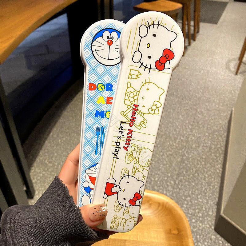 Magic Bean Shenghuo Cute Cartoon Hello Kitty Chopsticks and Spoon Three-piece Stainless Steel Set Portable Travel Tableware for Office Workers and Students Hello Kitty Spoon and Chopsticks Two-piece Set + Box
