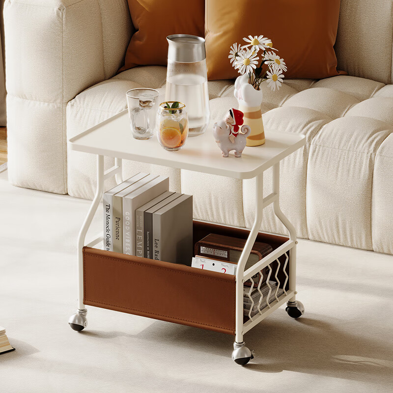 KUKA Cream Movable Side Table with Storage Living Room Matching DS3466XJ Square Side Table White Frame/Brown 55*53