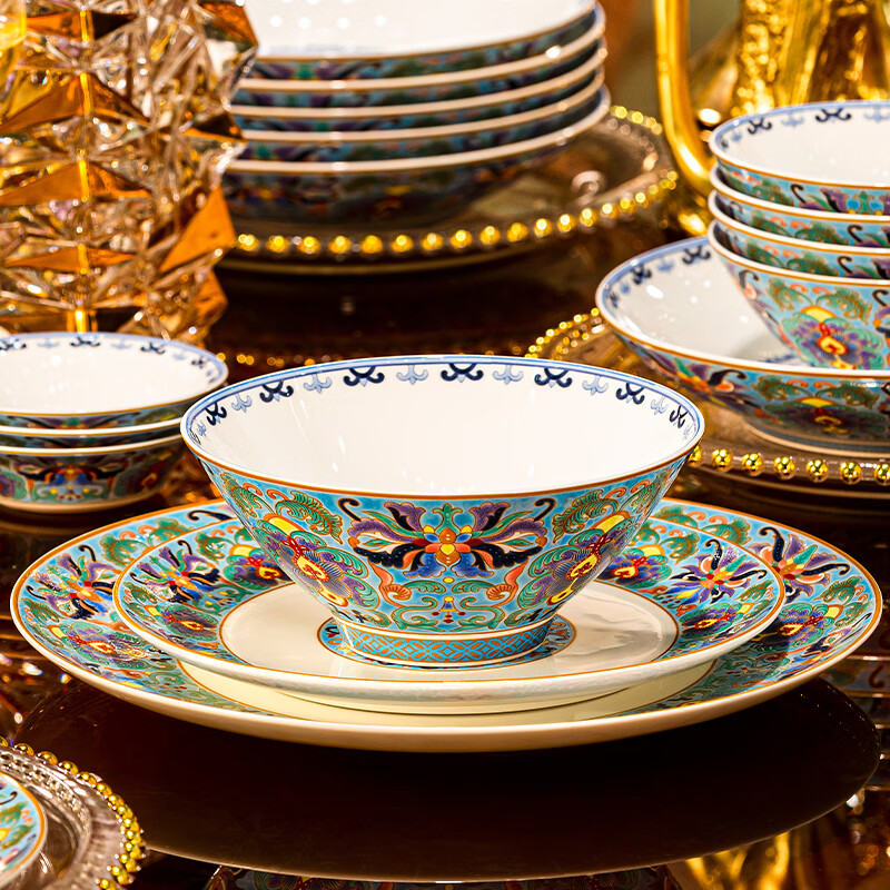 NINE CRANES high-looking enamel bowl set Jingdezhen bowl and plate set high-end housewarming gift bone china tableware set 30 pieces with large soup bowl | high-end brocade box | Earl's Garden