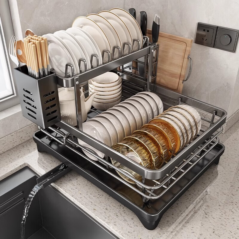 Added dish storage rack, drain bowl rack, kitchen rack, stainless steel bowls, dishes, chopsticks, bowls, plates, drain basket