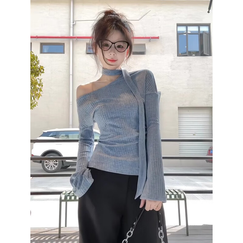 Fu Jian autumn and winter new product 2025 unique chic slanted shoulder slim design t-shirt top with ribbon inside long-sleeved bottoming shirt blue M
