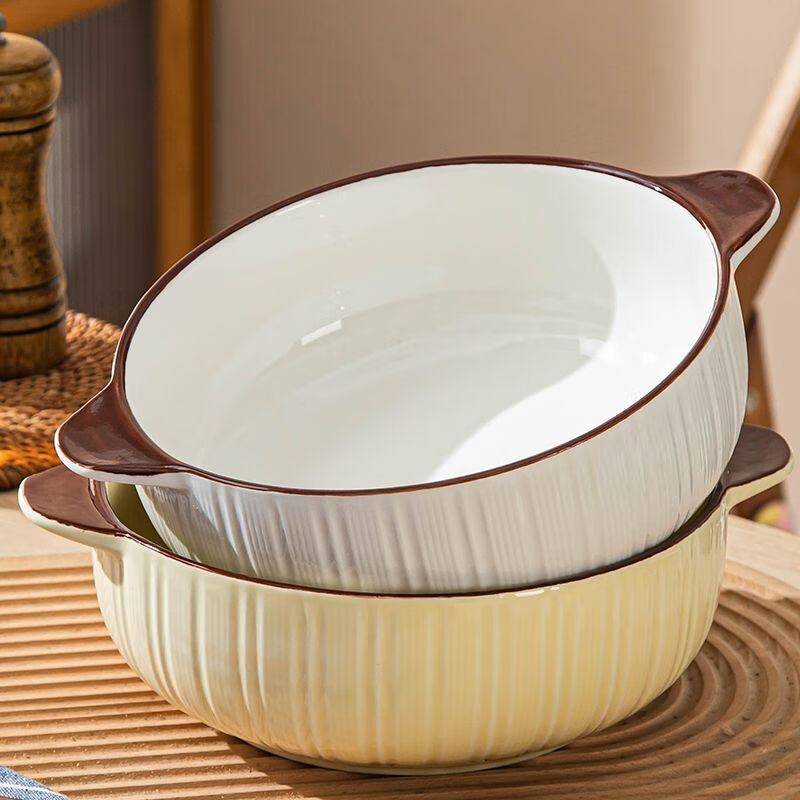 Renowned double-eared pickled fish large basin bowl with cream for household high-looking large soup bowl large hairy blood boiled fish ceramic soup 10-inch vertical striped double-eared soup bowl 1 pack milk coffee color
