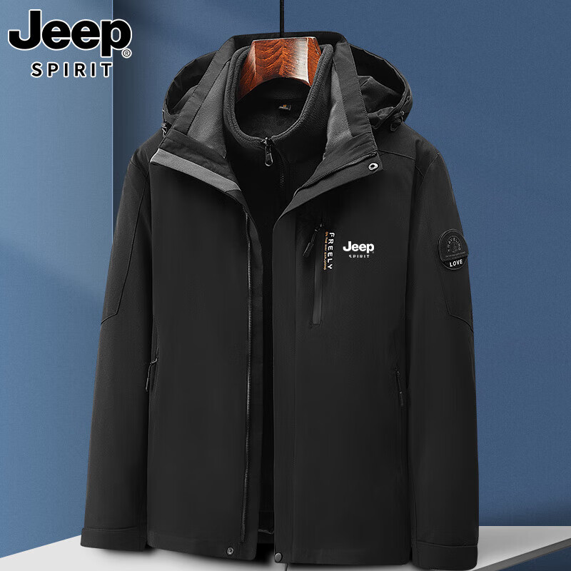 JEEP SPIRIT Jeep Jacket Men's Three-in-One Detachable Autumn and Winter Mountaineering Jacket Plus Velvet Thickened Warm Outdoor Jacket 2299 Military Green 2XL Recommended 140-160 catties