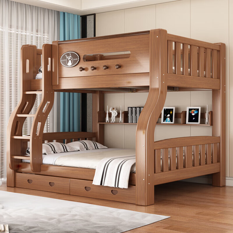 Bunk bed plus thick solid wood high and low bed bunk bed size apartment two-tier bed mother and child bed parent and child bed bunk bed ladder upper bed width 130 lower bed width 150 (comes with bookshelf)