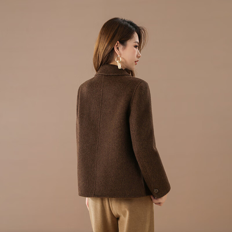 Qianbainian 100% sheep wool double-sided woolen coat for women autumn and winter new style lapel double-breasted shoulder coat truffle cocoa L