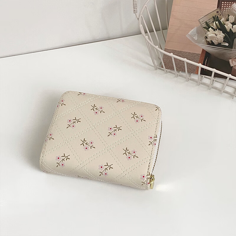 Yunshun Wallet Women's Valentine's Day Floral Ins Style Student Card Holder Card Slot Multifunctional Textured Wallet Card All-in-One Package New Floral Wallet Beige 11*8.5*2cm