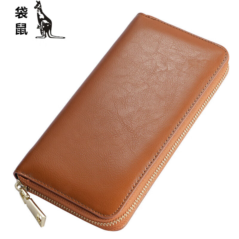 Kangaroo (KANGAROO) Japanese fashion casual lightweight new style leather long wallet for men and women oil waxed cowhide clutch bag long money cloth yellow inside yellow 20*10*2.5CM