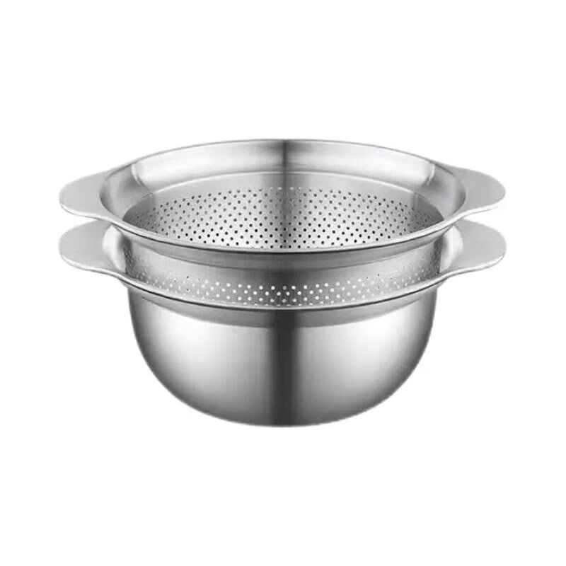Qinkai 304 stainless steel basin double-layer kitchen household double-ear thickened drain basket kneading basin baking basin and dough beating basin 25cm two-piece set double-ear basin leaky basin + solid basin discount