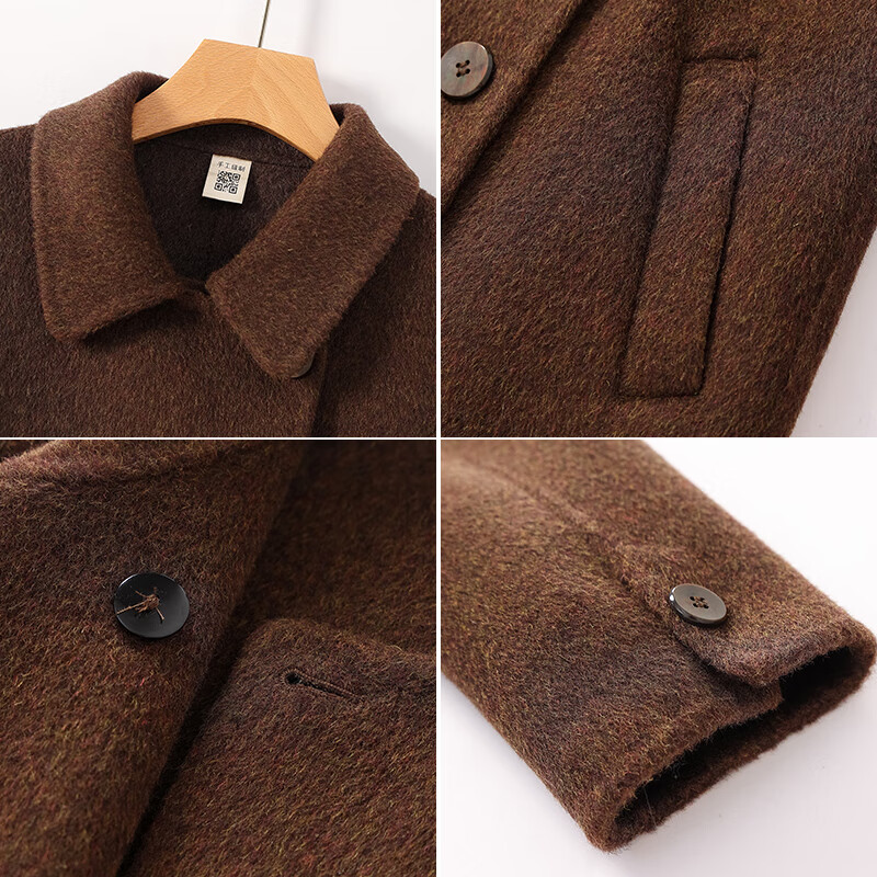 Qianbainian 100% sheep wool double-sided woolen coat for women autumn and winter new style lapel double-breasted shoulder coat truffle cocoa L