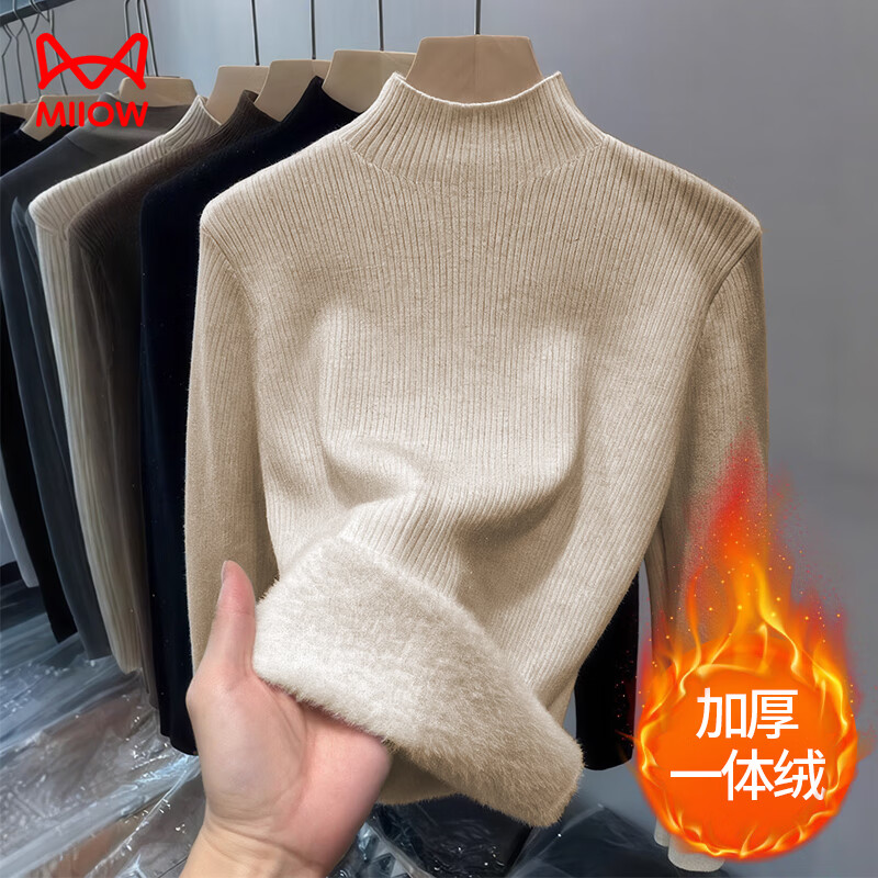 Catman black half-turtleneck sweater for women in autumn and winter plus velvet and thickened one-piece velvet inner layering shirt mid-collar warm top