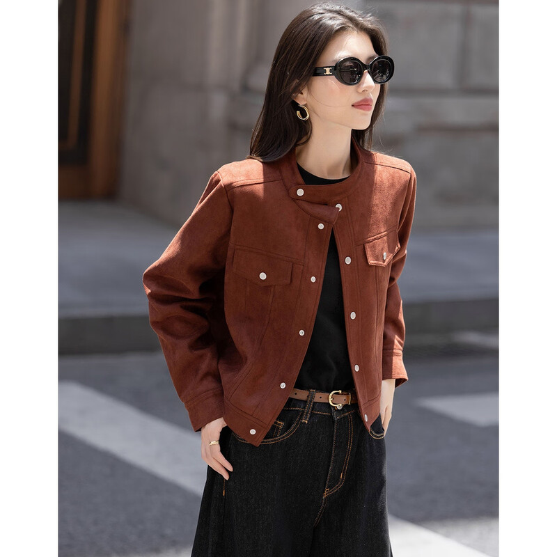 De Mana embraces long-termism, autumn minimalist style suede small stand-up collar fake pockets loose temperament women's jacket