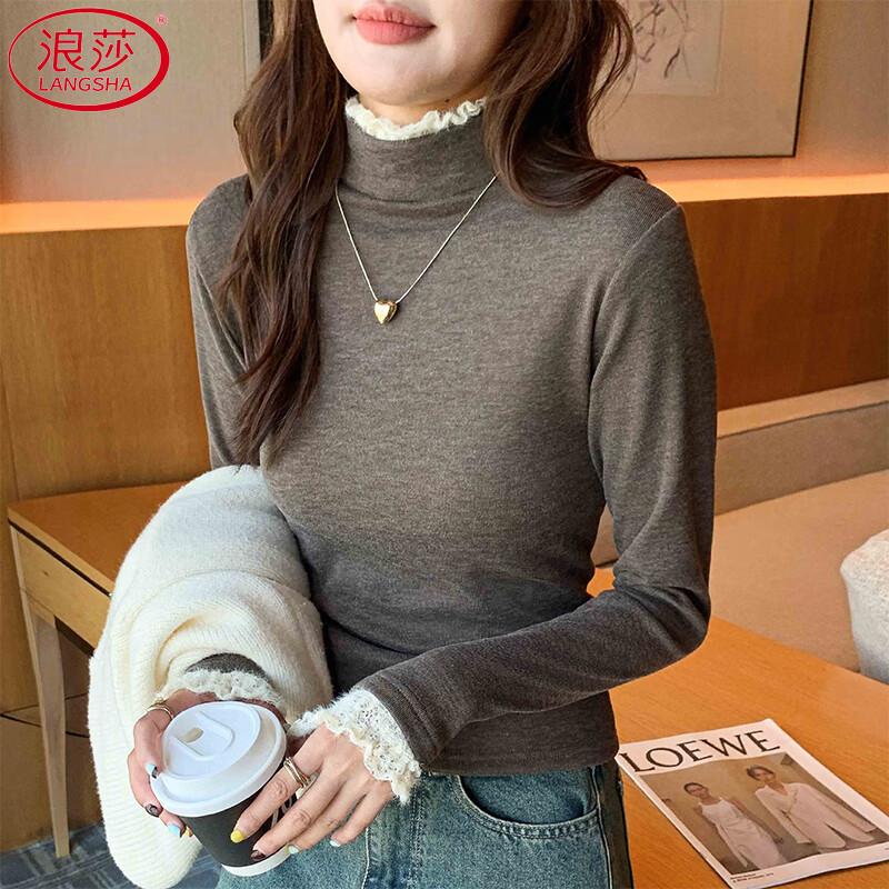 Langsha patchwork lace half turtleneck bottoming shirt for women in autumn and winter 2025 new brushed slim fit warm top