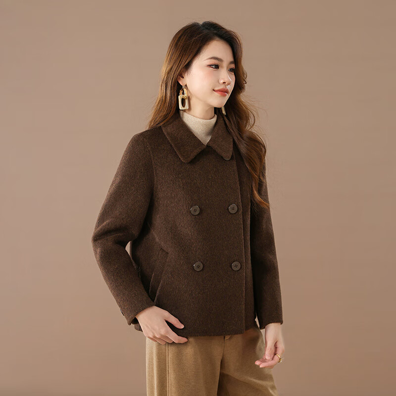 Qianbainian 100% sheep wool double-sided woolen coat for women autumn and winter new style lapel double-breasted shoulder coat truffle cocoa L