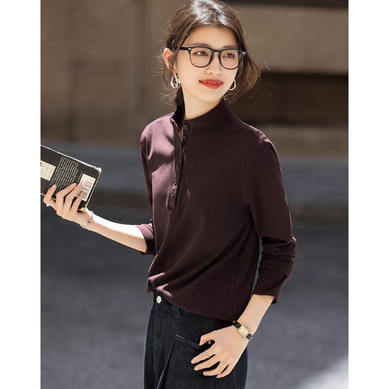 Demana 220G liter warm ginger velvet winter warm round neck button half placket solid color splicing women's T-shirt