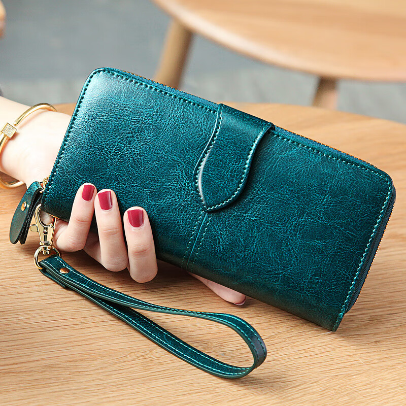 Banyanu 2025 New Women's Wallet Women's Long Genuine Leather Wallet Women's Fashion Wallet Large Capacity Clutch Dark Green (Embroidery Thread) - Anti-Theft Brush