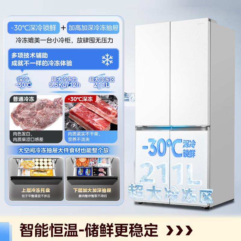 Midea Xiong Dundun Pro603 white flat-screen fully embedded cross-fold four-door dual-system sterilization and odor-free first-class frost-free trade-in household refrigerator government subsidy BCD-603WUSPZM (E) Seashell White