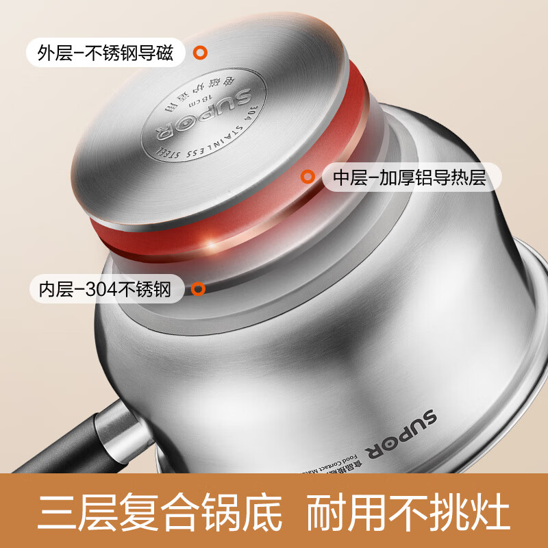 SUPOR 304 stainless steel milk pot 0 coating safe and healthy baby food supplement pot non-stick household one-person soup pot for cooking porridge 304 stainless steel milk pot with steam grid 16cm