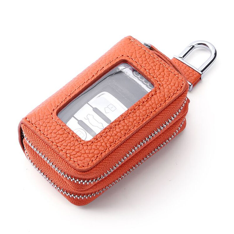 Ye Yu genuine leather double layer key bag women's universal home car key buckle protective cover pure leather portable transparent window remote control 9005 litchi brown