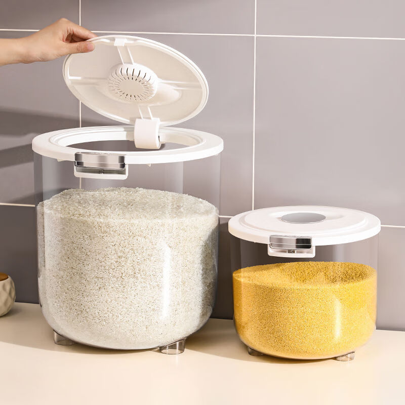 Cat-loaded rice bucket household insect-proof and moisture-proof sealed grade rice storage box kitchen rice cylinder flour storage tank material sapphire green 10 catties gift measuring cup