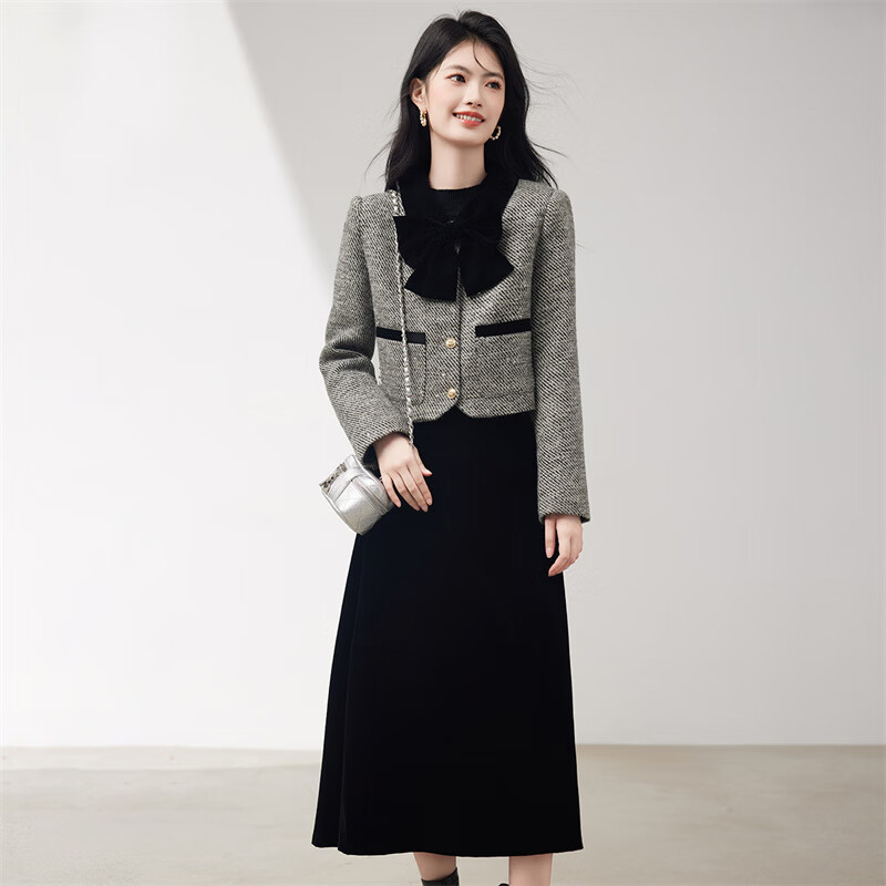 Xinfeiyu Xiaoxiangfeng velvet skirt wool short coat two-piece suit for women in autumn and winter, a complete set of high-end and foreign styles for ladies