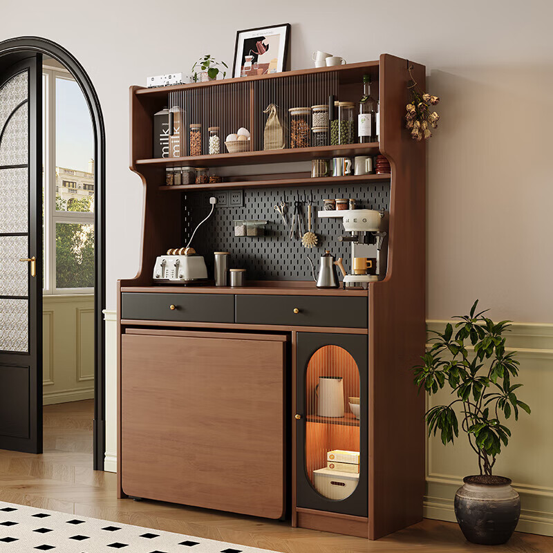 Senneng antique-style solid wood sideboard and dining table integrated for small apartments, foldable telescopic storage cabinet, wine cabinet, wall-mounted sideboard, 1.2m sideboard + 1.7m dining table + dining chairs*4