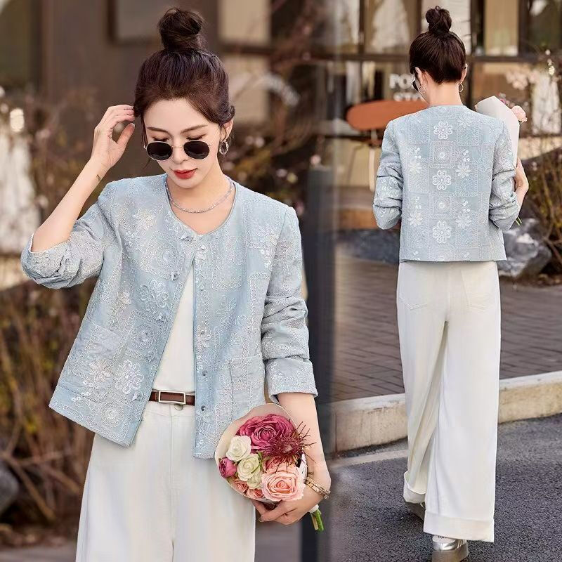Luo Meng New Chinese Style National Style Short Jacket Women 2025 Spring New Style Small Fragrance Style Tang Suit Heavy Industry Embroidered Top Light Blue S Recommended 90-100 Jin