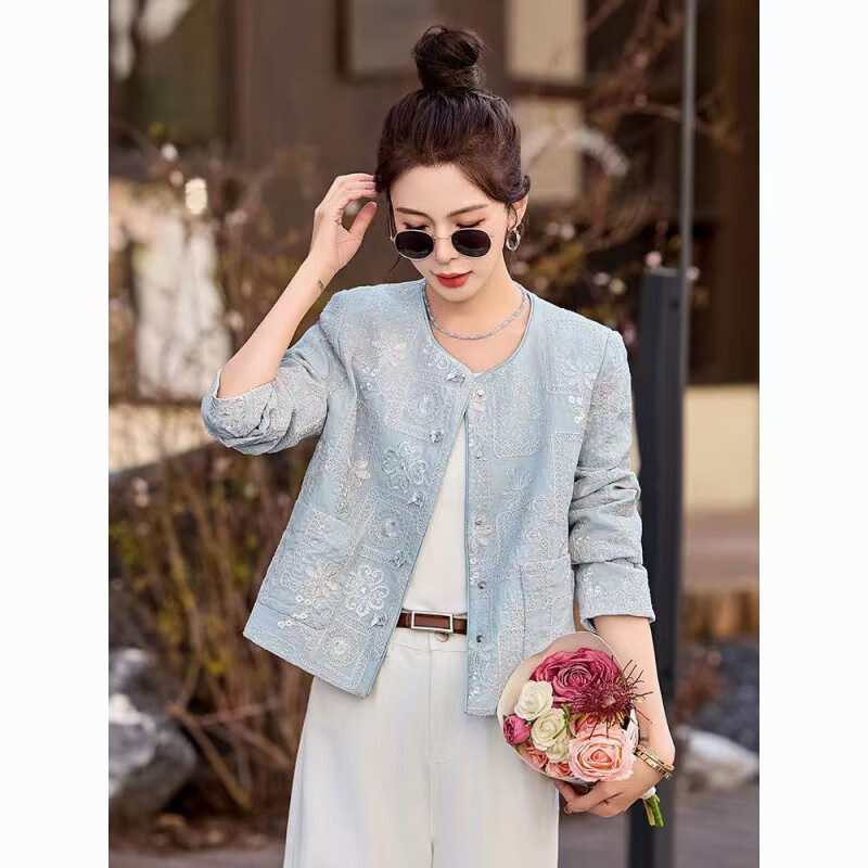Luo Meng New Chinese Style National Style Short Jacket Women 2025 Spring New Style Small Fragrance Style Tang Suit Heavy Industry Embroidered Top Light Blue S Recommended 90-100 Jin