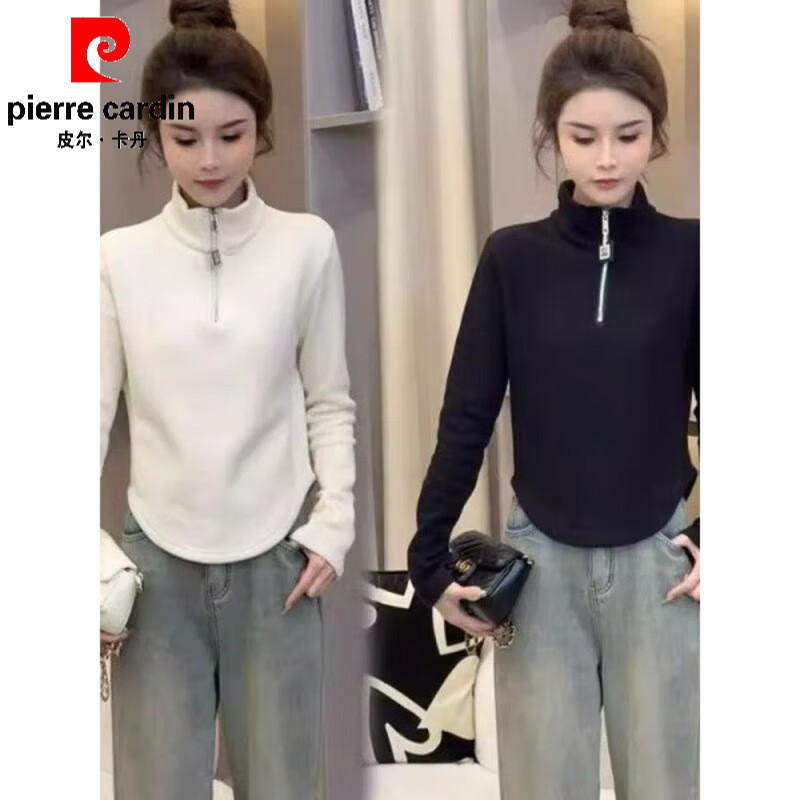 Pierre Cardin velvet thickened temperament zipper half turtleneck German velvet bottoming shirt for women with versatile design top commuting long-sleeved T-shirt white German velvet fabric M recommended within 95 pounds