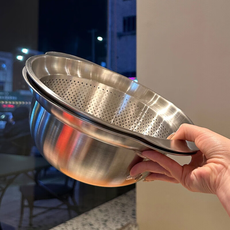 Qinkai 304 stainless steel basin double-layer kitchen household double-ear thickened drain basket kneading basin baking basin and dough beating basin 25cm two-piece set double-ear basin leaky basin + solid basin discount