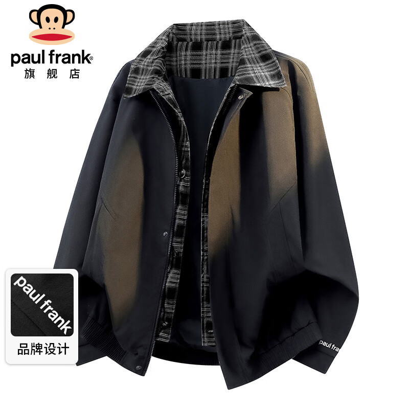 Paul Frank Jacket Men's Spring and Autumn Lapel Plaid Jacket Men's Casual Loose Fake Two-piece Top Black XL