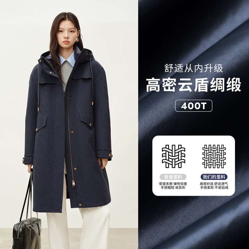 Elaiyi Fashion Goose Down Jacket Women's Autumn and Winter Mid-Length Outdoor Retro Hooded Workwear Warm New Year Jacket Eclipse Blue M