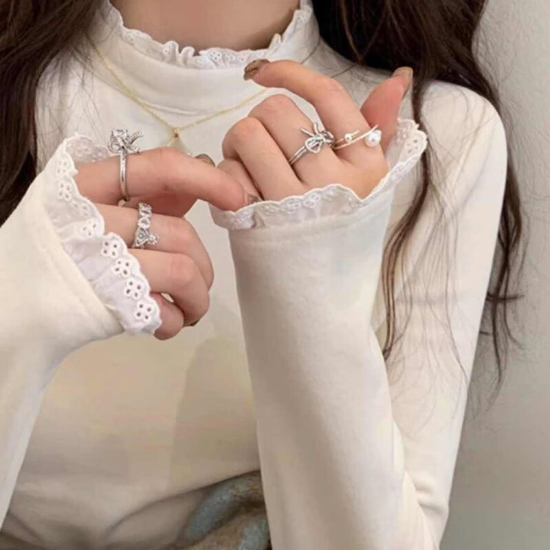 Miaoyi Jiade velvet half-high collar lace white bottoming shirt for women in spring, foreign style for inner and outer wear 2026 new tops, high-end sense, white velvet stand-up collared lace bottoming shirt M recommended 80-110 pounds