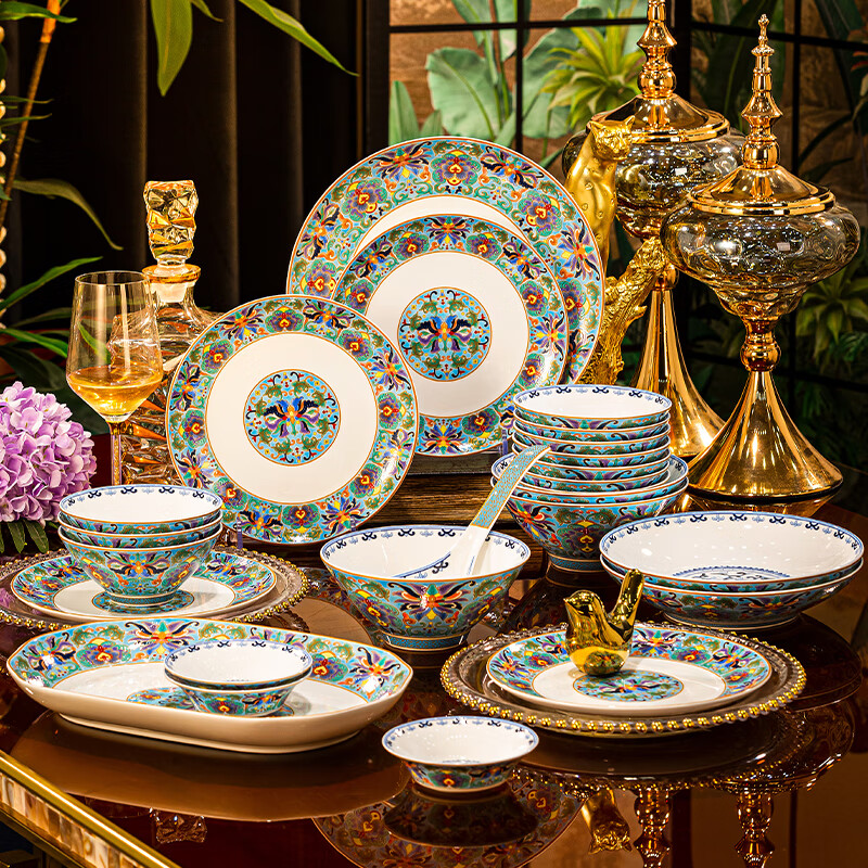 NINE CRANES high-looking enamel bowl set Jingdezhen bowl and plate set high-end housewarming gift bone china tableware set 30 pieces with large soup bowl | high-end brocade box | Earl's Garden