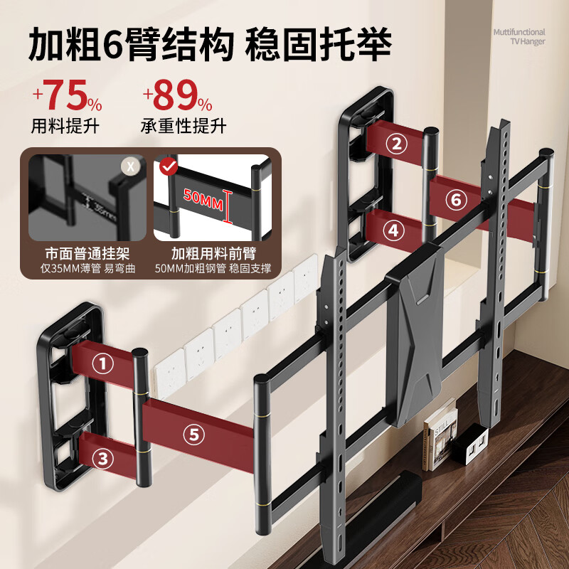 ProPre ultra-thin large load-bearing embedded TV telescopic hanger 40-75 inches TV bracket, suitable for Hisense, TCL, Skyworth and other brands, avoids sockets and does not block the sound