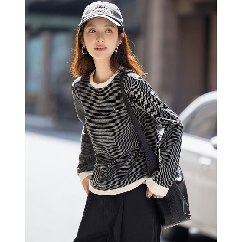Demana layered aesthetics winter simple design stitching contrasting round neck stripes slightly elastic women's T-shirt to accommodate fat