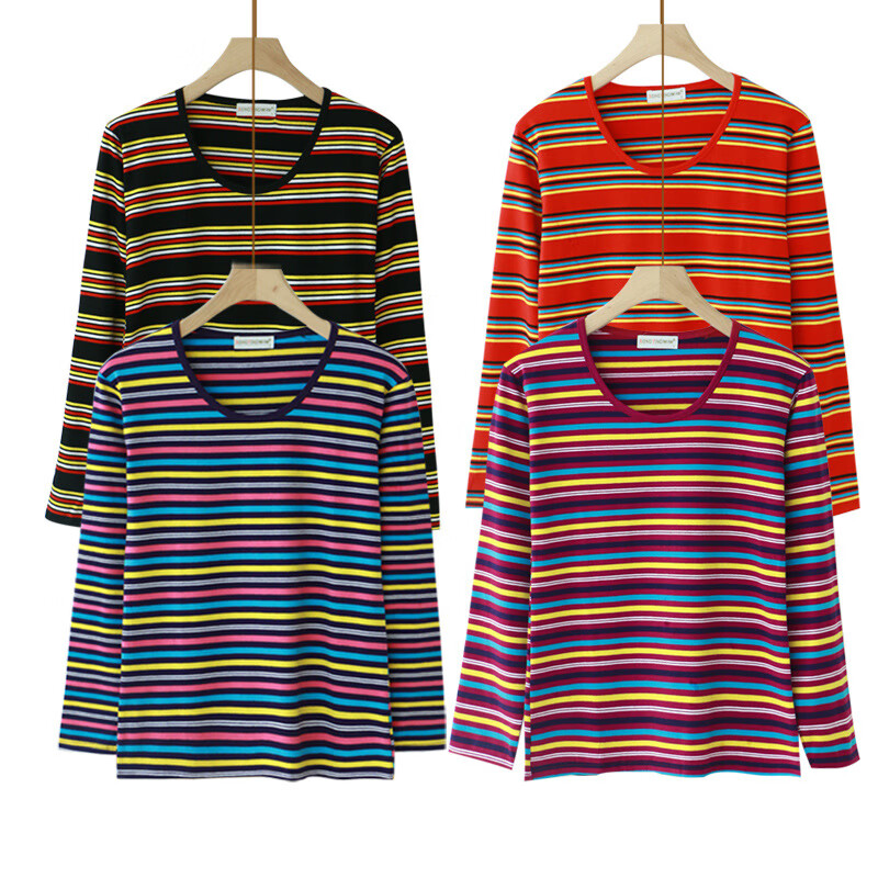 Yalu middle-aged and elderly women's long-sleeved T-shirt mother's autumn cotton striped shirt top spring and autumn round neck sweater bottoming shirt purple L 75-110 catties