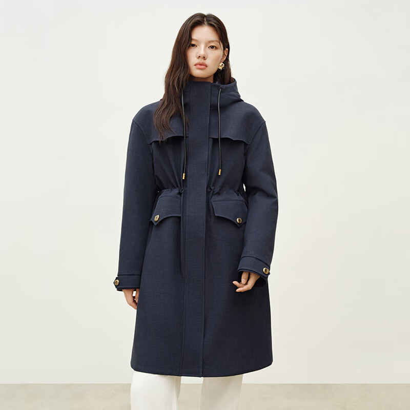 Elaiyi Fashion Goose Down Jacket Women's Autumn and Winter Mid-Length Outdoor Retro Hooded Workwear Warm New Year Jacket Eclipse Blue M