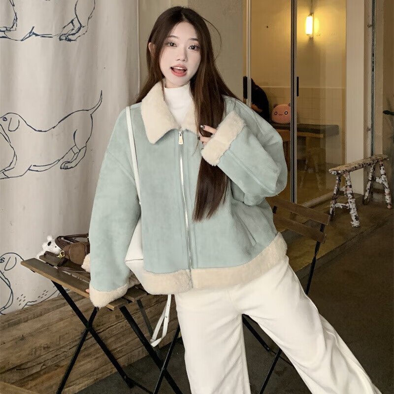 Miao Yijia imitation lamb wool coat for women autumn and winter women's small fragrant style coat top jacket plus velvet coat warm cotton coat Xiaoxiangfeng short imitation lamb wool coat light blue S (recommended 80-100 pounds)