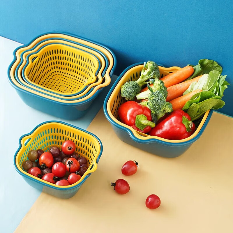 Double-layer drain basket, blue vegetable sink, home kitchen, multi-functional, large-capacity, plastic fruit and vegetable bowl and chopsticks storage basin, extra large drain net + basin, 1 set