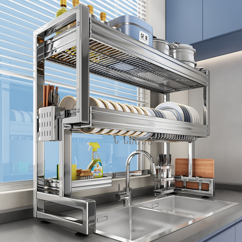 YOUQIN Stainless Steel Kitchen Sink Rack Dish Drain Storage Pool Washing Pool Multifunctional Dish Drain Rack Upgraded Thickened Stainless Steel Single Layer 76CM Main Rack + Hooks*4