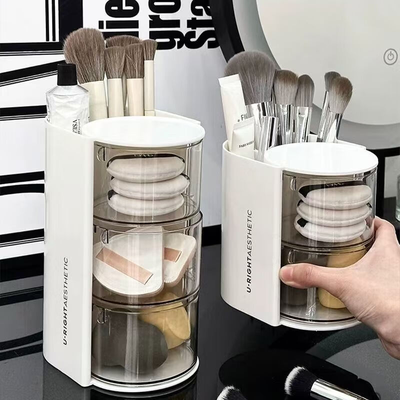 Makeup brush storage box desktop dressing table lipstick eye shadow eyebrow pencil storage rack student dormitory cosmetics storage rack rotatable cosmetics storage box pink 3 layers 1 pack