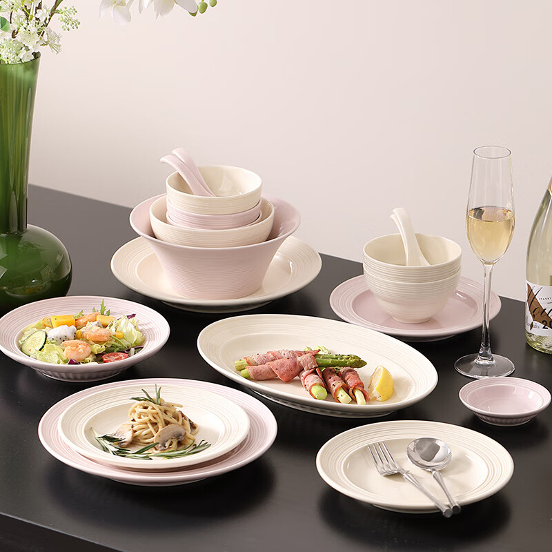 RWTW high-end underglaze color tableware and dishes set for home 2025 new style bowls and chopsticks and plates and tableware set housewarming gift new home food for six people - night cherry pink mixed color 37-piece set