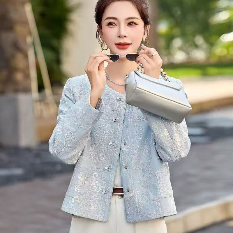 Luo Meng New Chinese Style National Style Short Jacket Women 2025 Spring New Style Small Fragrance Style Tang Suit Heavy Industry Embroidered Top Light Blue S Recommended 90-100 Jin
