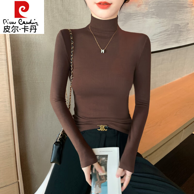 Pierre Cardin coffee color turtleneck bottoming shirt for women spring, autumn and winter 2025 new style with slim long-sleeved knitted top T-shirt, brown S, suitable for under 90 pounds