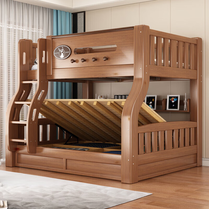 Bunk bed plus thick solid wood high and low bed bunk bed size apartment two-tier bed mother and child bed parent and child bed bunk bed ladder upper bed width 130 lower bed width 150 (comes with bookshelf)