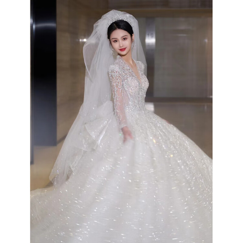 SHANDONGSHAONV wedding dress bride 2025 new heavy industry long-sleeved V-neck main yarn for going out, retro maternity high-end large tail, white floor-length wedding dress plus three-piece set XL