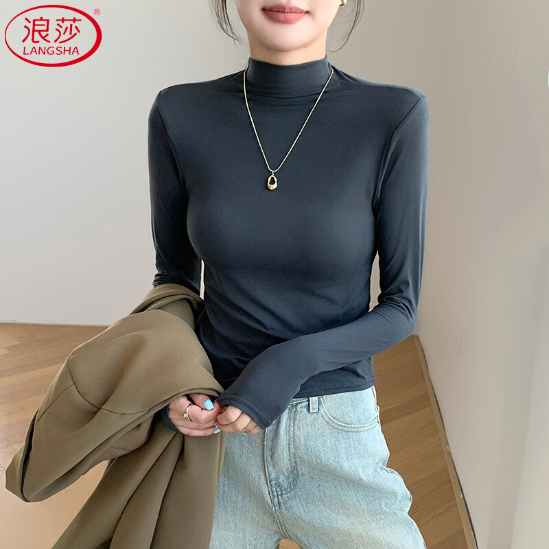 Langsha Facial Mask Bottoming Shirt Women's Autumn and Winter 2025 New Half-High Collar Slim Fit Brushed Warm Outerwear T-shirt Top