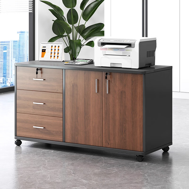 Moai file cabinet office cabinet mobile side cabinet with lock office cabinet storage cabinet drawer cabinet under the table low cabinet storage cabinet two doors large cedar walnut color 90*34*59