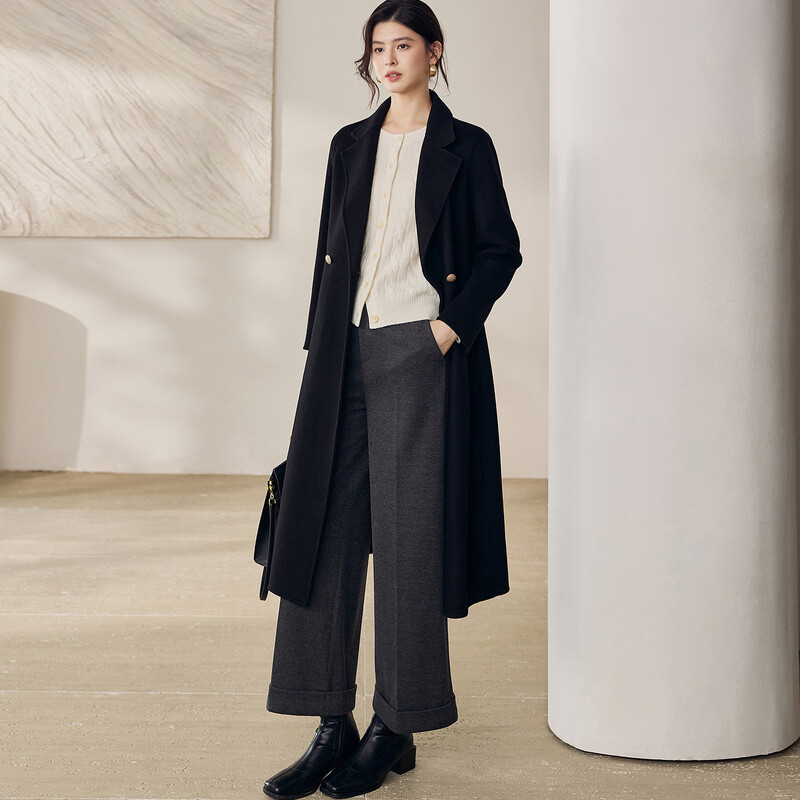 ROEYSHOUSE Luo Yi Light Luxury Sheep Wool Mid-Length Coat Intellectual Double-sided Woolen Jacket 12917 Black M